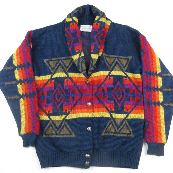 Vintage 100% Virgin Wool Pendleton Native American Design Cardigan Sweater, Sz S - Picture 1 of 6
